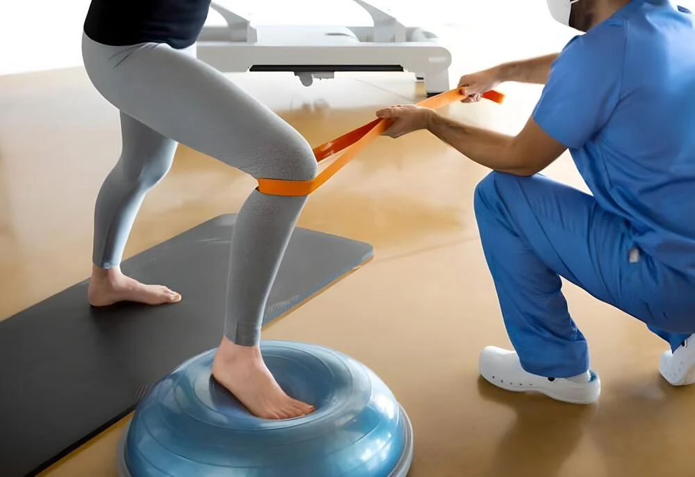 profesional ayudando rehabilitacion rodilla paciente